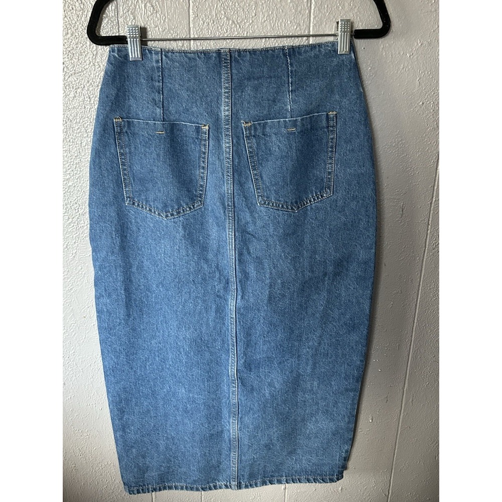 Women's Lulus Denim Long‎ Skirt W/ Buttons Pockets Slit 90s Retro - Picture 3 of 5